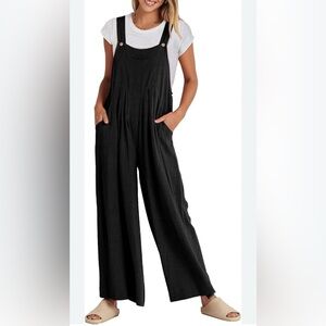Anrabess Jumpsuit Overalls Black Linen Blend Casual Summer Beach Wide Leg Boho L